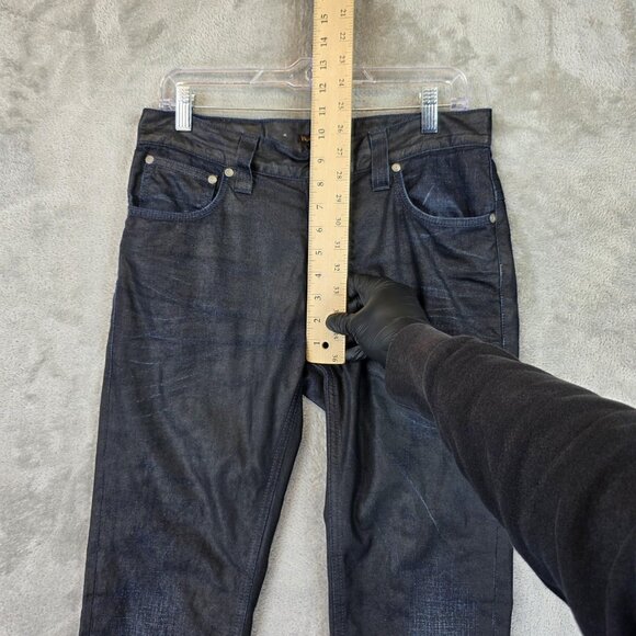 Nudie Jeans Thin Finn Jeans Mens 31x32 Black Coated Indigo Denim Italy - Picture 3 of 16